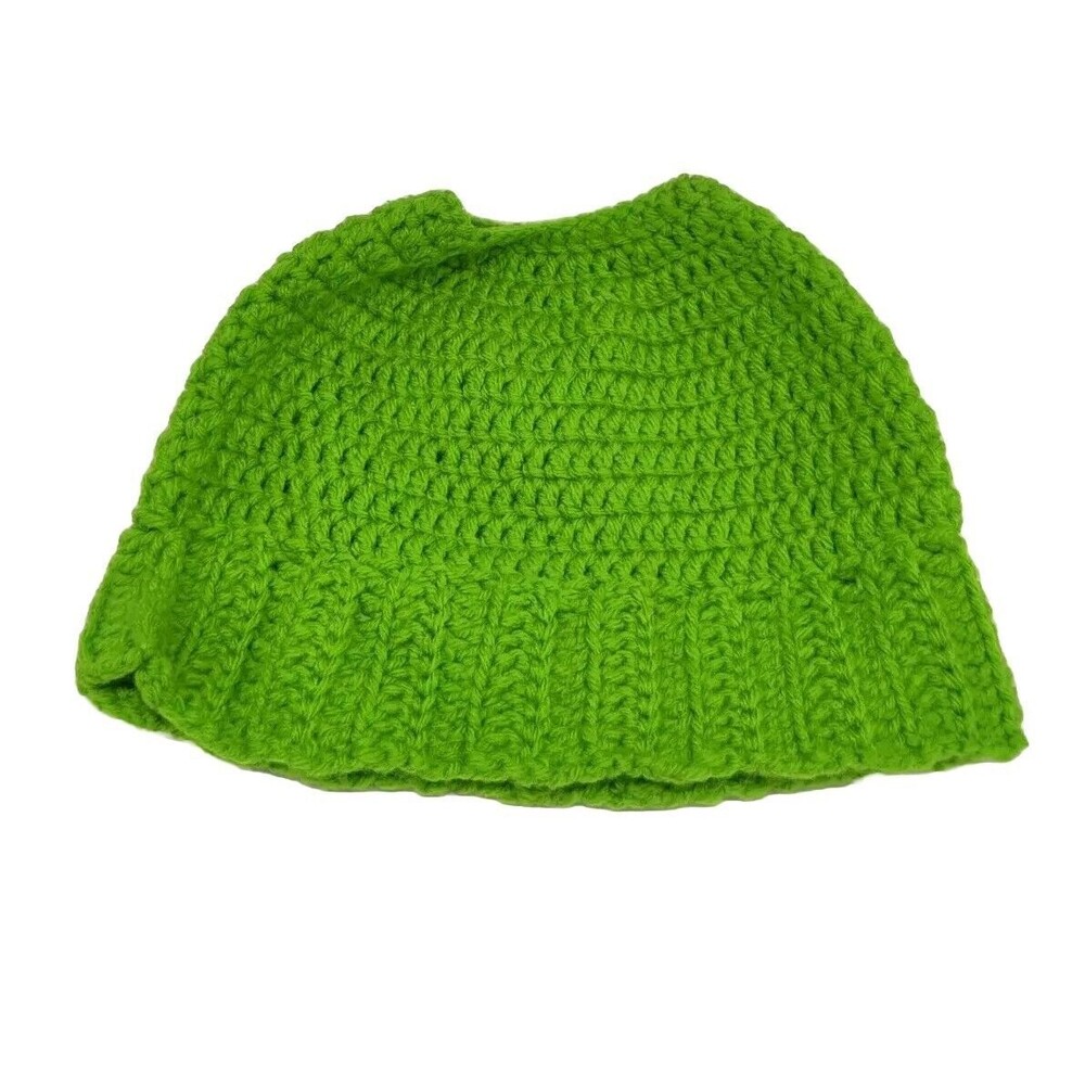 Handmade Crochet Messy Bun Beanie Hat Adult Green Knit Cap Warm Fall Winter OSFM
